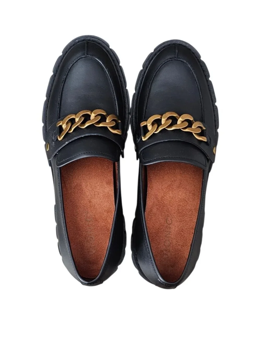 Vionic Elodie Leather Lug Sole Chain Loafer Slip On Platform Shoes New Black 10